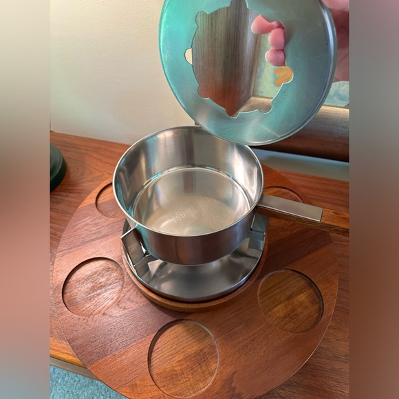 Read STELTON Denmark Fondue Set MCM Mid Century Modern Teak Lazy Susan Stainless - Picture 4 of 16